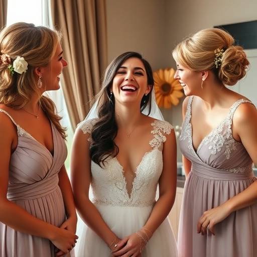 A candid shot of the bride laughing with her bridesmaids