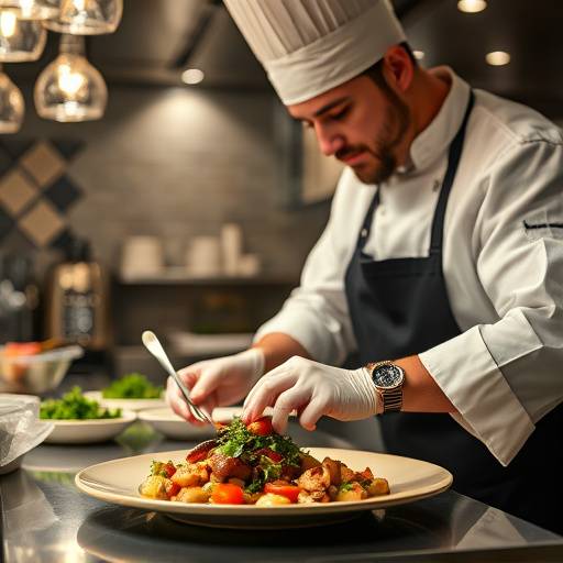 A chef preparing a gourmet meal in a restaurant kitchen