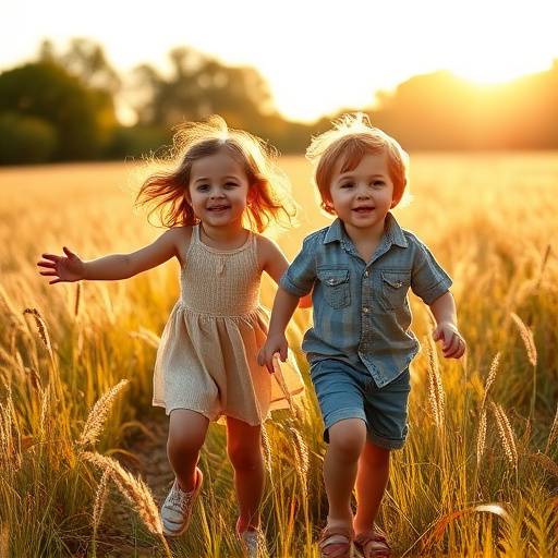 A family portrait with two children playing in a field