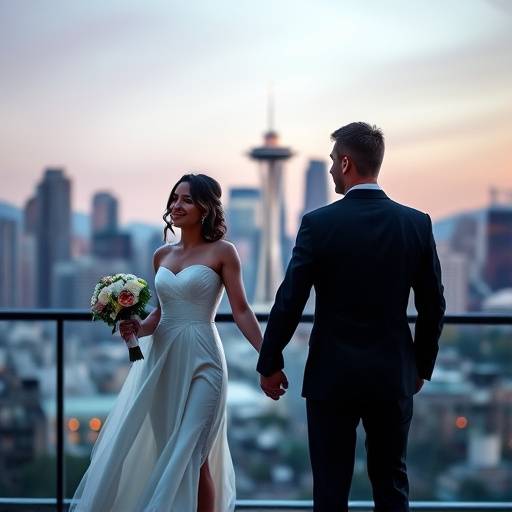 A happy couple holding hands during their wedding, with the Seattle skyline visible in the background, captured by Aurora Visuals.