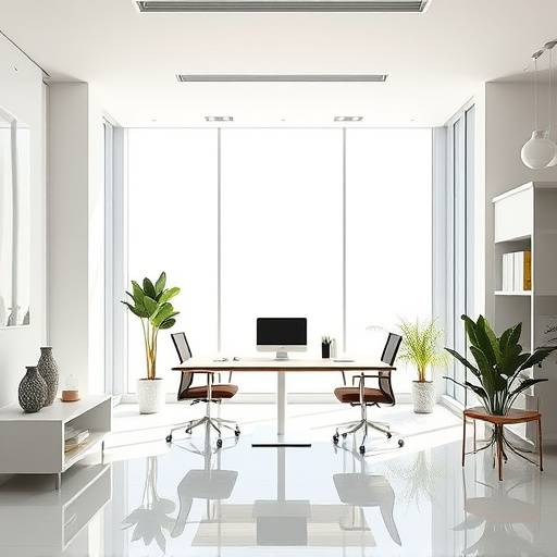 A sleek modern office space filled with natural light