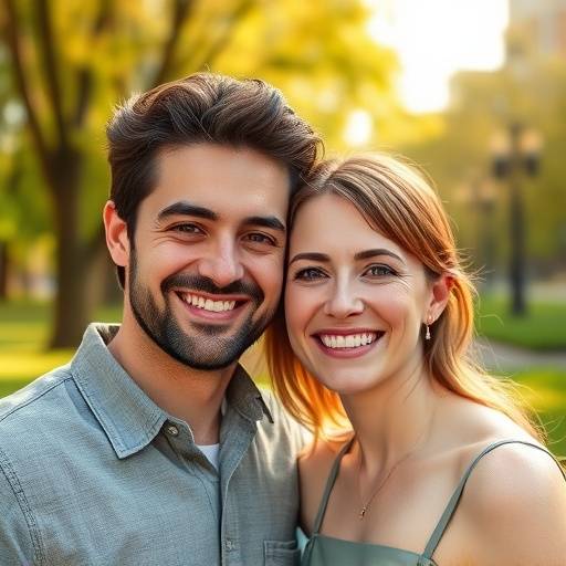 A smiling couple in a park during a portrait session
