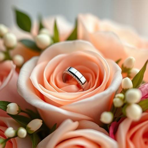 Close-up shot of wedding rings on a flower bouquet