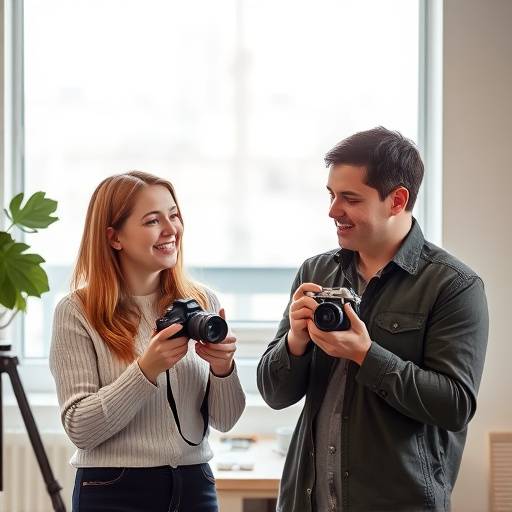 Co-founders Sarah and Michael discussing photography techniques