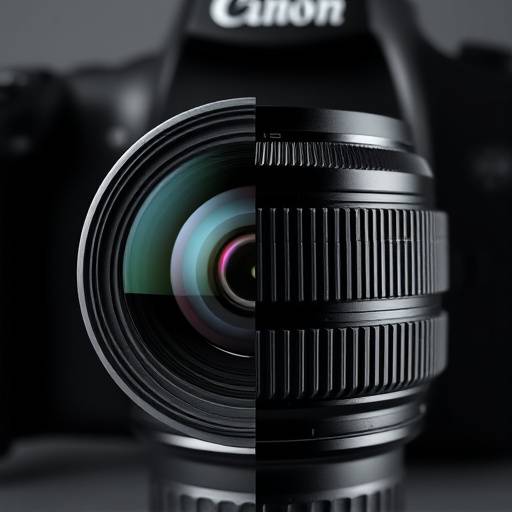 Comparison shot of different camera lenses with technical details overlaid, highlighting pros and cons for various photography styles.