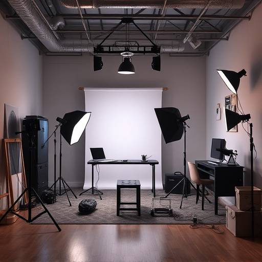Interior of the Aurora Visuals studio with professional lighting equipment