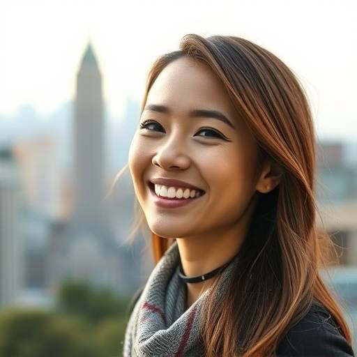 Photo of a woman smiling, while standing in front of a blurred city skyline.