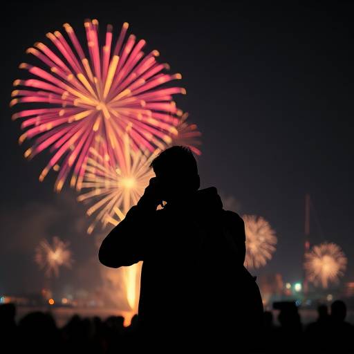 Photographer taking a picture of fireworks at night.
